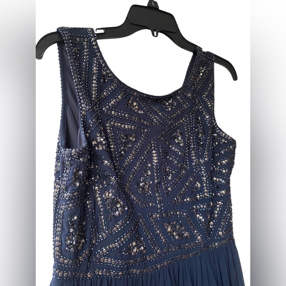 Adrianna Papell Navy Women Empire Waist Beaded Gown Dress